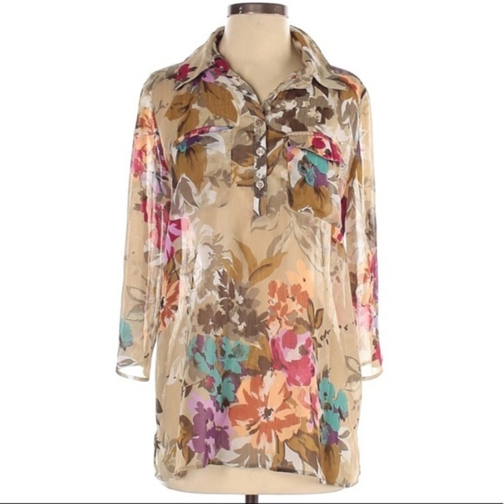 Susan Graver S tan floral sheer button up blouse